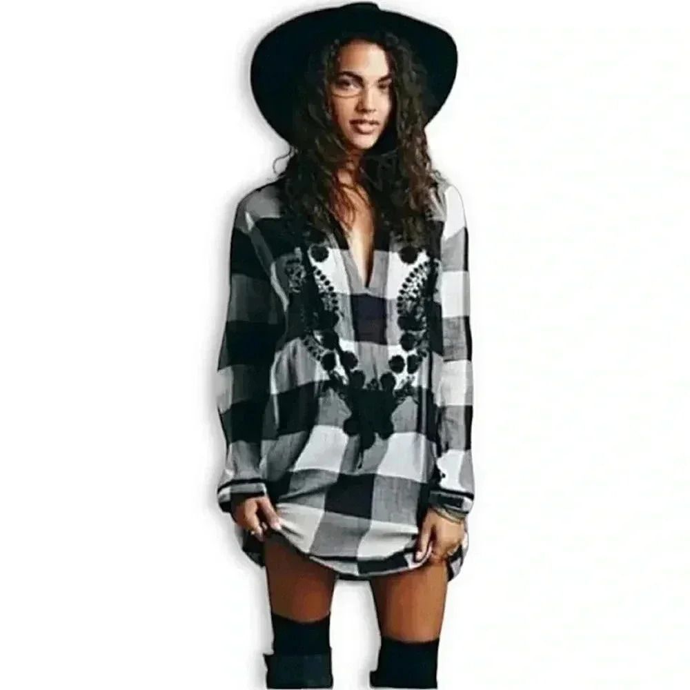 Free People Embroidered & Beaded Buffalo Plaid Gauze
Long Sleeve Tunic Top Sz S - Picture 13 of 13